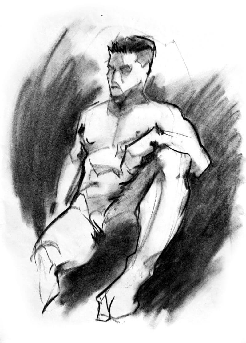 charcoal drawing of a muscular man seated
